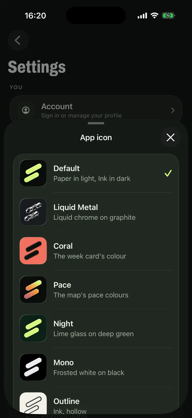 Choosing an app icon: Default, Liquid Metal, Coral, Pace, Night, Mono and Outline.