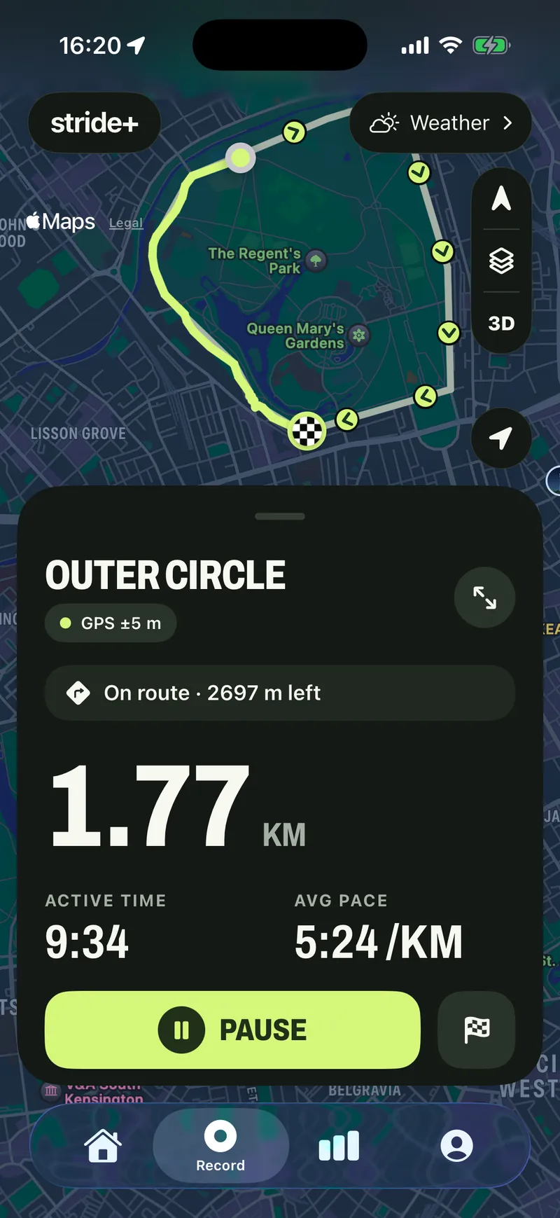 stride+ recording a run on the Outer Circle in Regent's Park: 1.77 km, 9 minutes 34 seconds, 5:24 per kilometre, on route with 2,697 metres left.