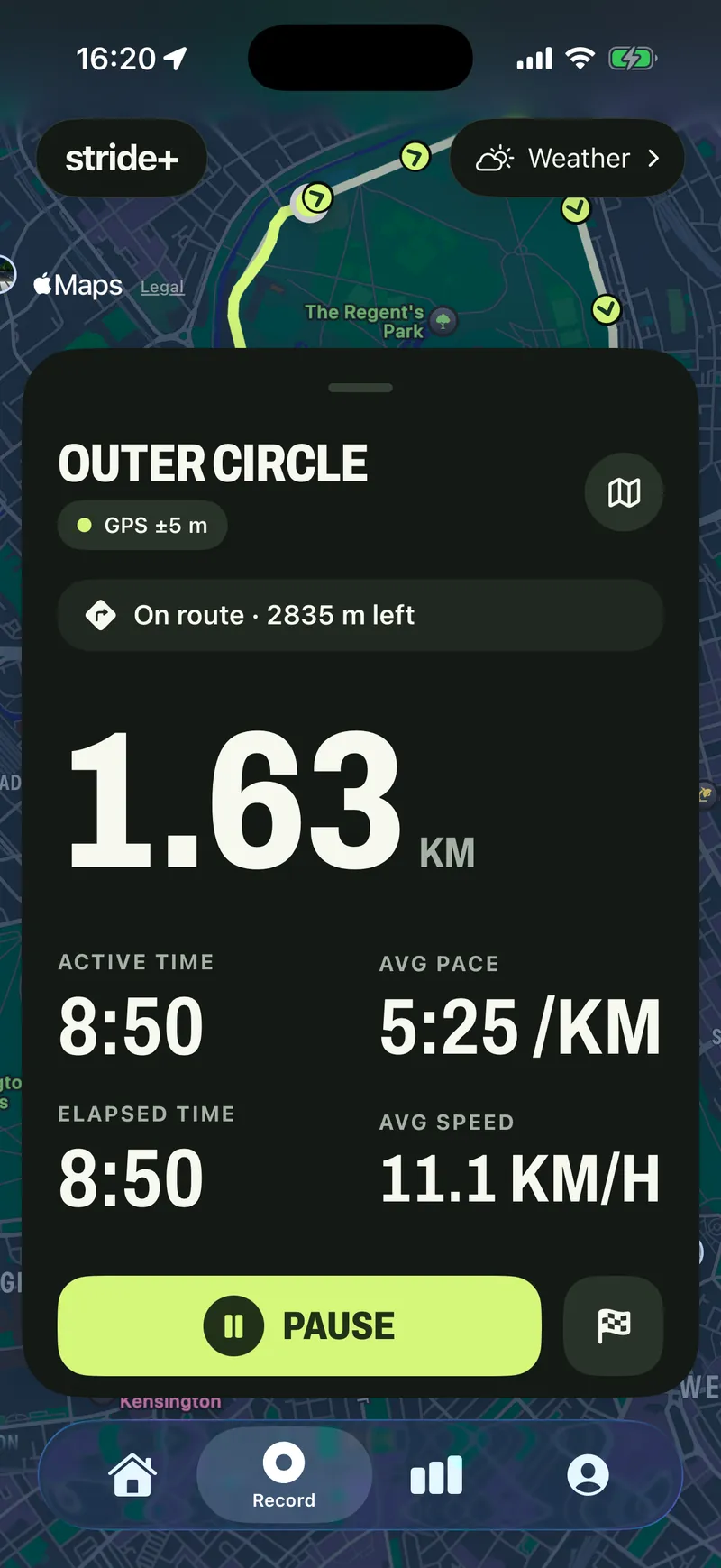 The live run with big figures: 1.63 km, 8:50 active time, 5:25 per kilometre, 11.1 km/h.