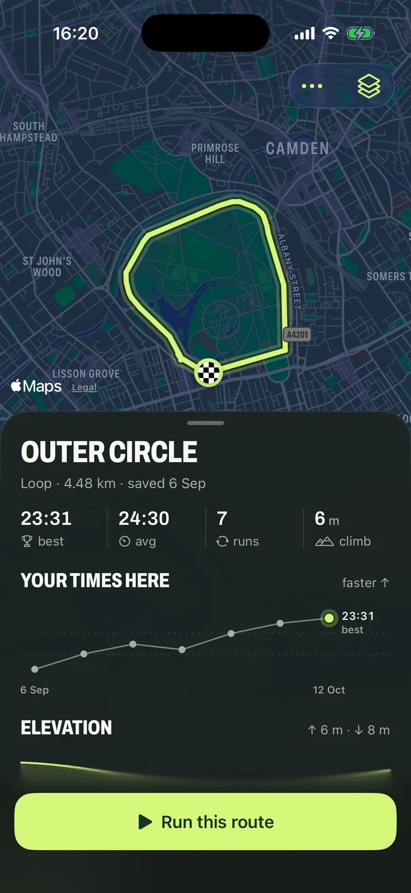 The Outer Circle's route page: best 23:31, average 24:30, 7 runs, and a chart of every time since 6 September.