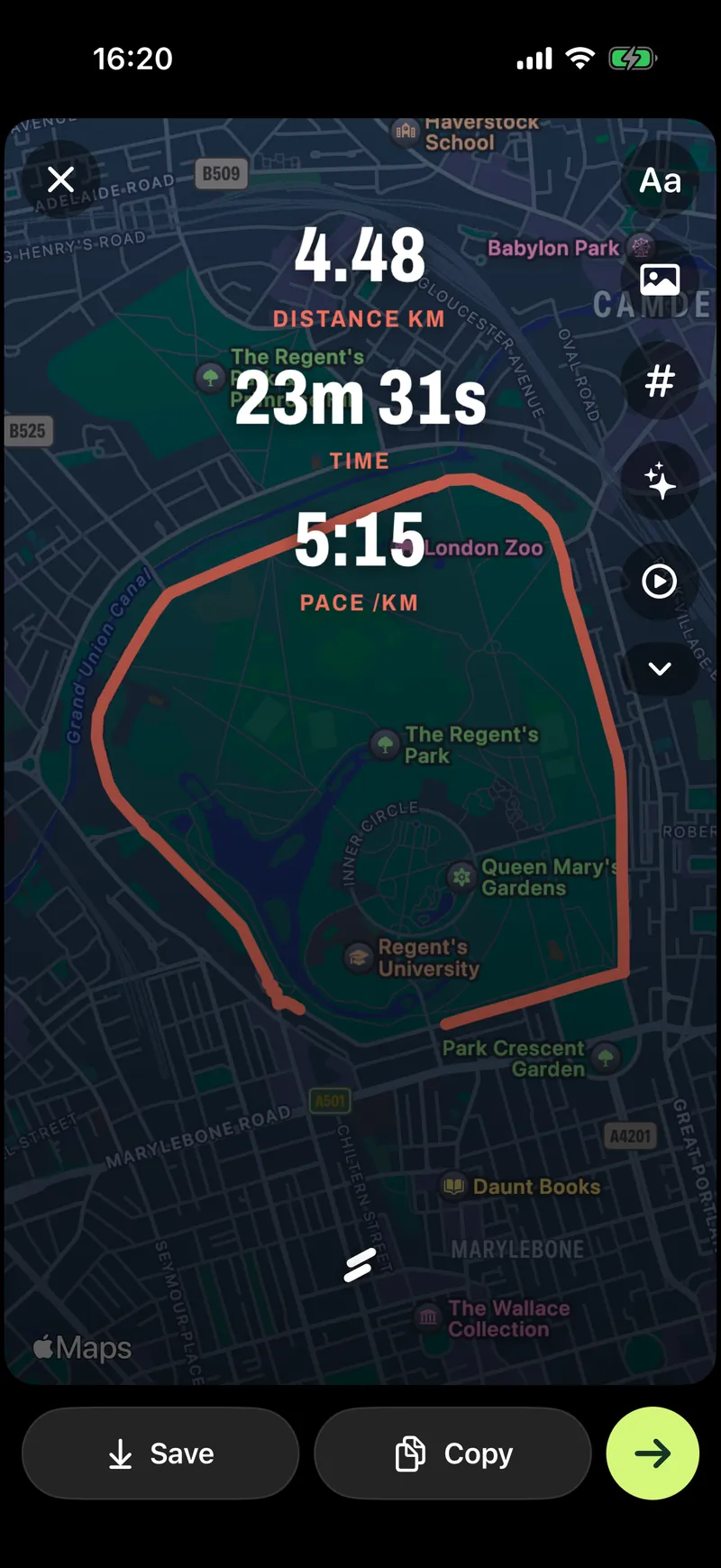 The share editor: today's run over the map of Regent's Park, 4.48 km, 23m 31s, 5:15 per kilometre.
