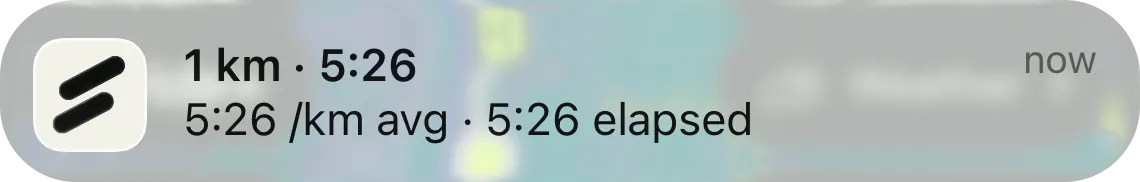 A notification at the first kilometre: 1 km in 5:26.