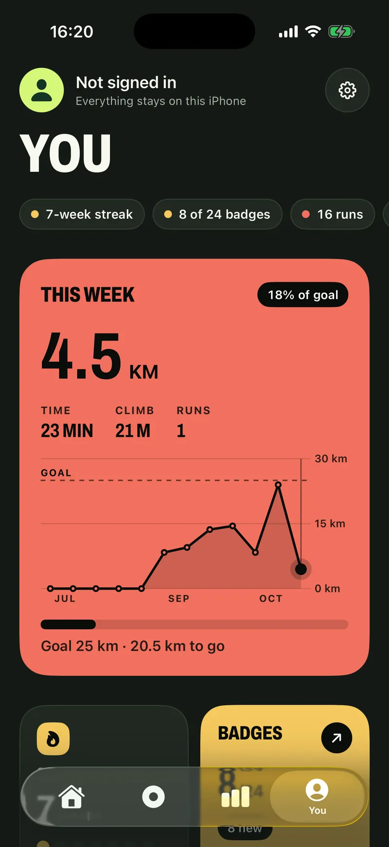 You, not signed in: everything stays on this iPhone. A 7-week streak, 8 of 24 badges, 16 runs.